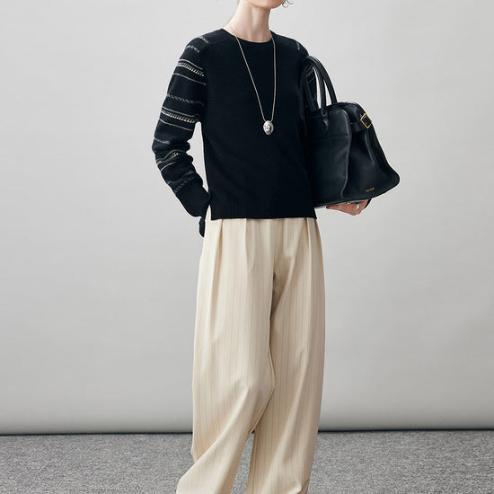 COMOBOCA 100% Cashmere Women's Striped Sleeve Round Neck Sweater