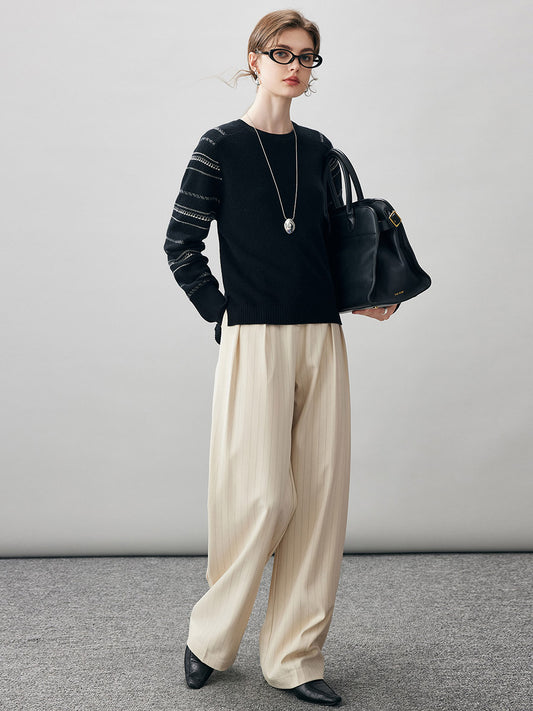 COMOBOCA 100% Cashmere Women's Striped Sleeve Round Neck Sweater