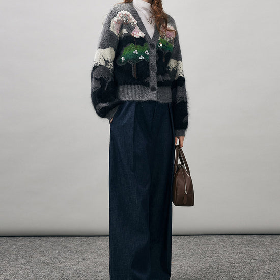 COMOBOCA Women's Landscape Patterned Knit Cardigan