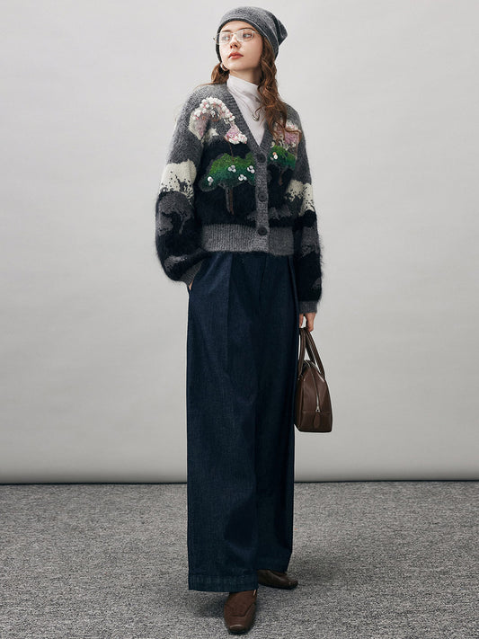 COMOBOCA Women's Landscape Patterned Knit Cardigan