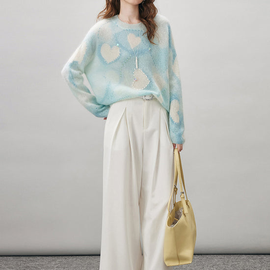 COMOBOCA Women's Heart Printed Round Neck Sweater