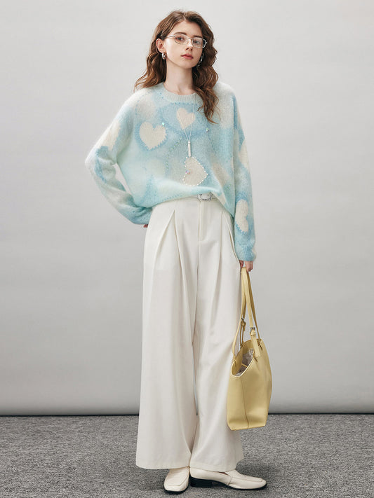 COMOBOCA Women's Heart Printed Round Neck Sweater