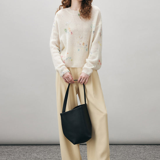 COMOBOCA Women's Sequined Floral Printed Round Neck Sweater