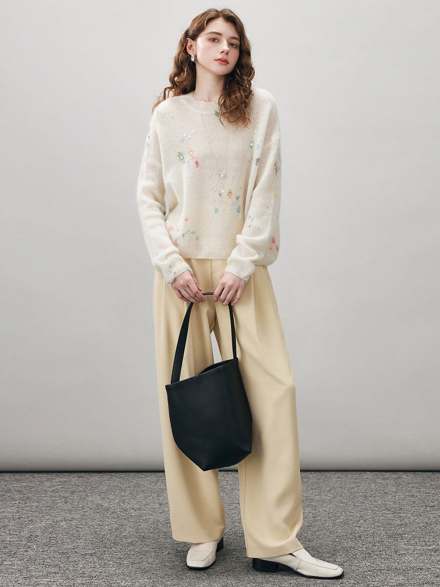 COMOBOCA Women's Sequined Floral Printed Round Neck Sweater