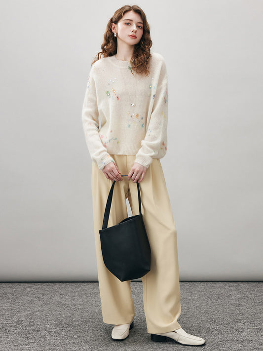 COMOBOCA Women's Sequined Floral Printed Round Neck Sweater