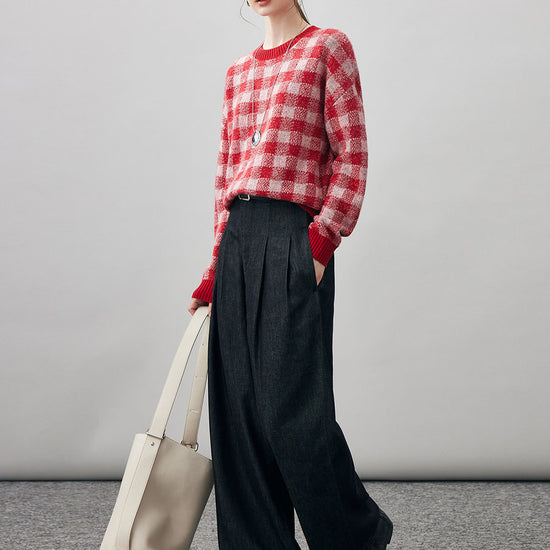 COMOBOCA 100% Cashmere Women's Checkered Round Neck Sweater