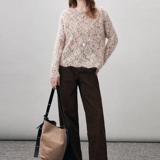 COMOBOCA Women's Speckled Lace Knit Round Neck Sweater