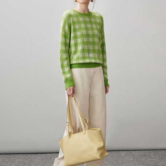 COMOBOCA 100% Cashmere Women's Checkered Round Neck Sweater