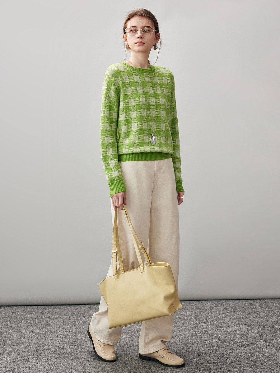 COMOBOCA 100% Cashmere Women's Checkered Round Neck Sweater