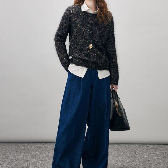 COMOBOCA Women's Speckled Lace Knit Round Neck Sweater