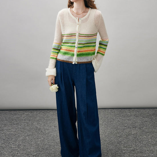 COMOBOCA Women's Rainbow Striped Button Down Cardigan