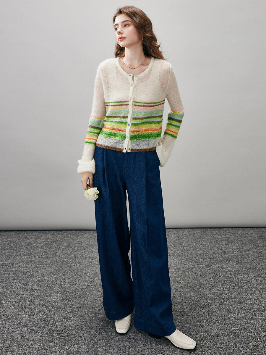 COMOBOCA Women's Rainbow Striped Button Down Cardigan