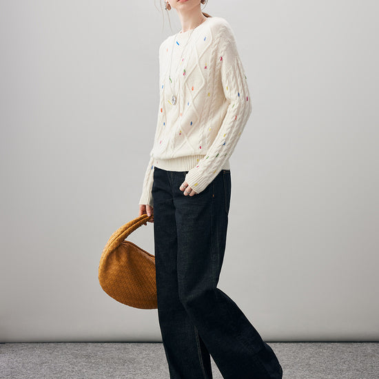 COMOBOCA 100% Cashmere Women's Cable Knit Colorful Accents Sweater