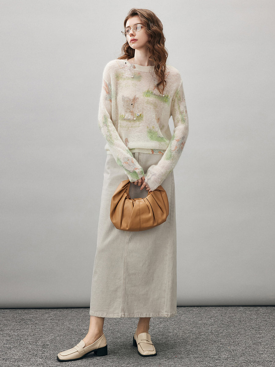 COMOBOCA Women's Bunny Printed Round Neck Sweater