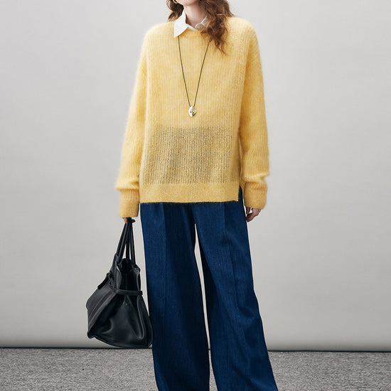 COMOBOCA Women's Mohair Sheer Knit Round Neck Sweater