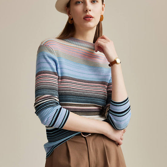 COMOBOCA 100% Wool Women's Multicolor Striped Knit Sweater