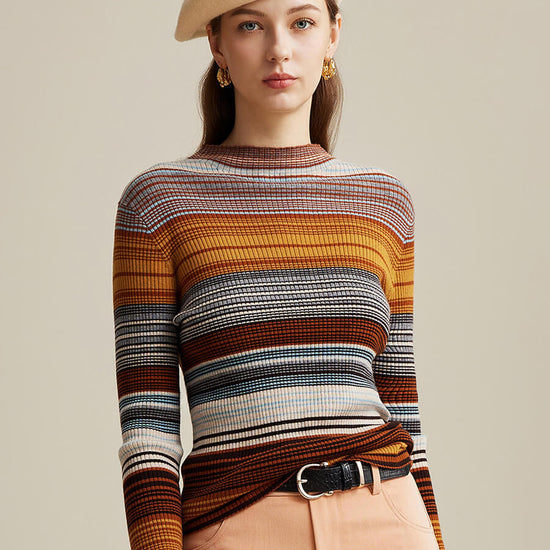 COMOBOCA 100% Wool Women's Multicolor Striped Knit Sweater