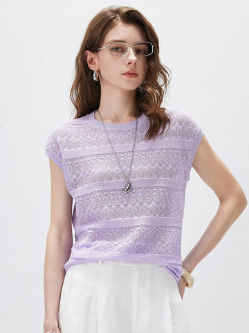COMOBOCA Purple Women's Openwork Striped Sleeveless Knit T-Shirt