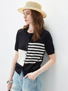 Women’s Round Neck Mulberry Silk Blend Contrast Color Striped Knitted Cardigan