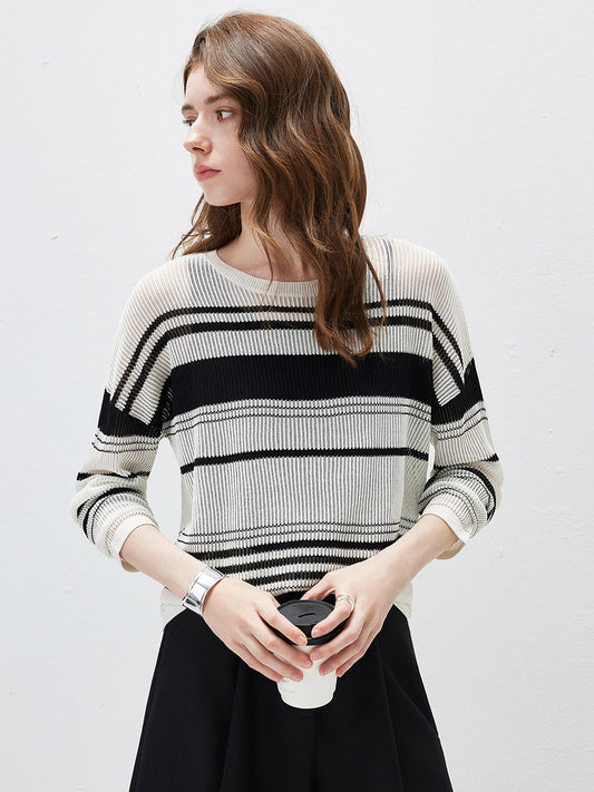 COMOBOCA Striped Women's Asymmetric Stripe Mesh Knit Round Neck Sweater