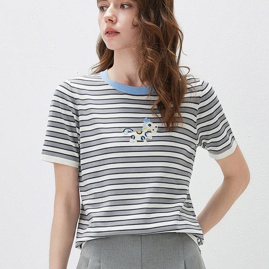 COMOBOCA Women's Embroidery Striped Knit Top