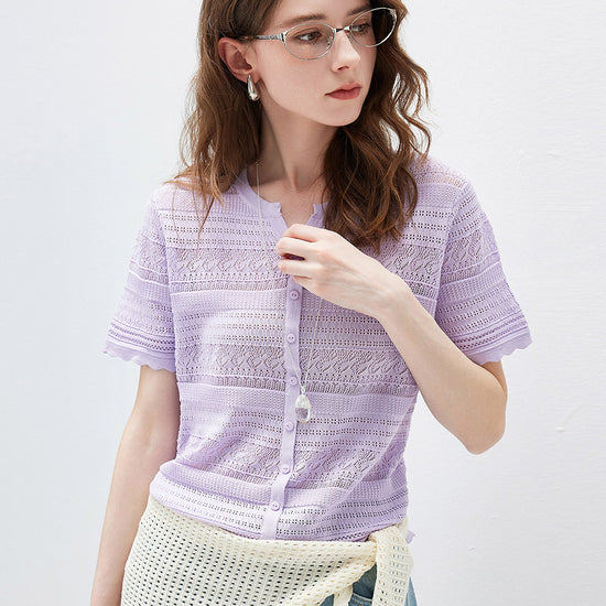 COMOBOCA Women's Scalloped Hem Openwork Knit Cardigan