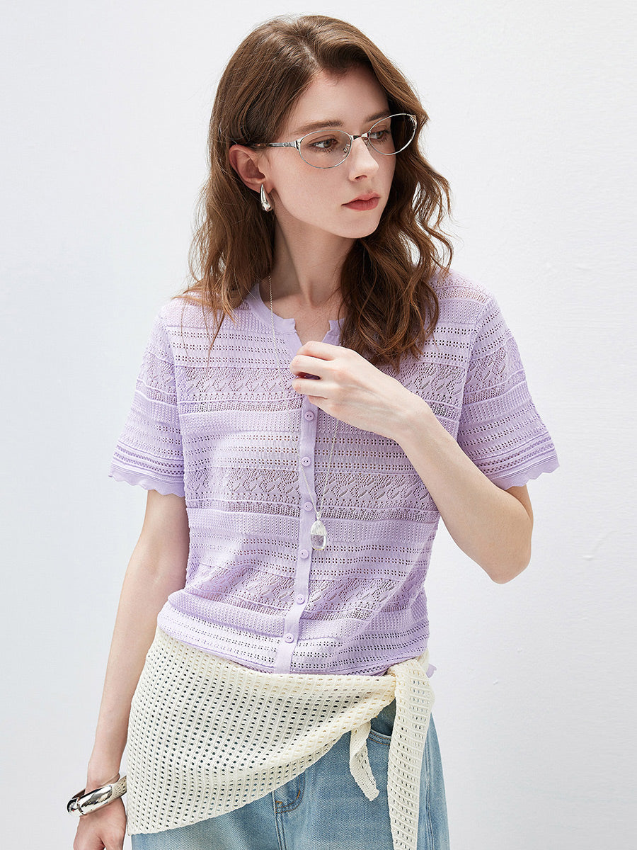 COMOBOCA Women's Scalloped Hem Openwork Knit Cardigan