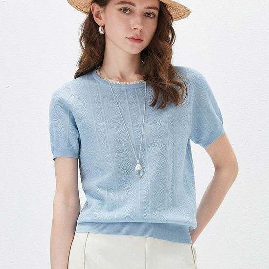 COMOBOCA Light Blue Women's Jacquard Lace Trim Knit T-Shirt