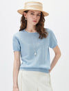 COMOBOCA Light Blue Women's Jacquard Lace Trim Knit T-Shirt