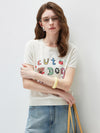 COMOBOCA Women's Ribbed Graphic Print Knit T-Shirt