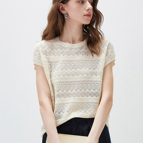 COMOBOCA Women's Openwork Striped Sleeveless Knit T-Shirt