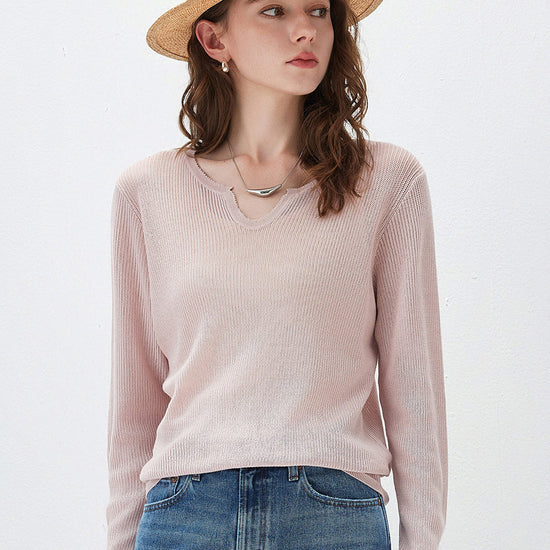 COMOBOCA Light Pink Women's Split V-Neck Knit Sweater