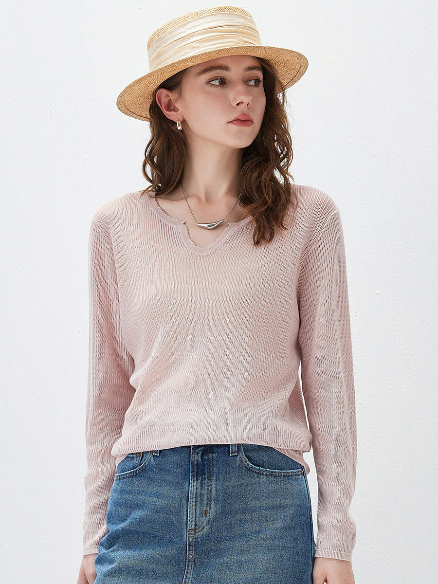 COMOBOCA Light Pink Women's Split V-Neck Knit Sweater