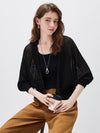 Women’s V-neck long-sleeve knit hollow-out linen-blend cardigan