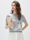 COMOBOCA Women's Cat And Tennis Intarsia Knit T-Shirt