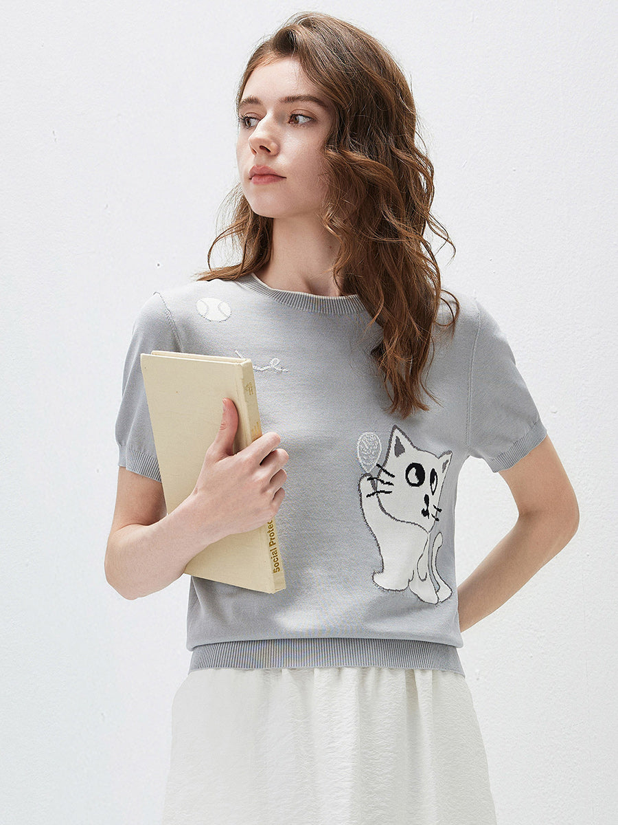 COMOBOCA Women's Cat And Tennis Intarsia Knit T-Shirt