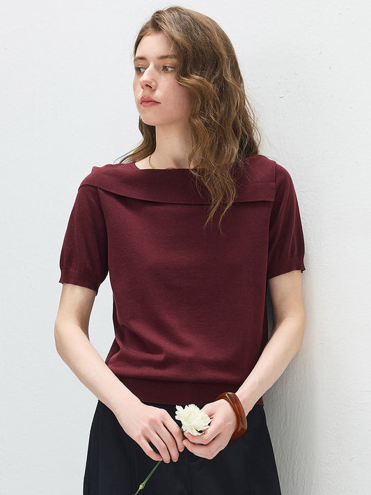 Women's Sophisticated Mulberry Silk Knit Top with Off-Shoulder Neckline