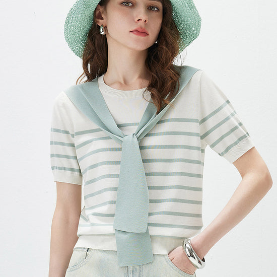 COMOBOCA Striped Women's Striped Knit T-Shirt with Attached Shawl