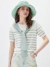 COMOBOCA Striped Women's Striped Knit T-Shirt with Attached Shawl