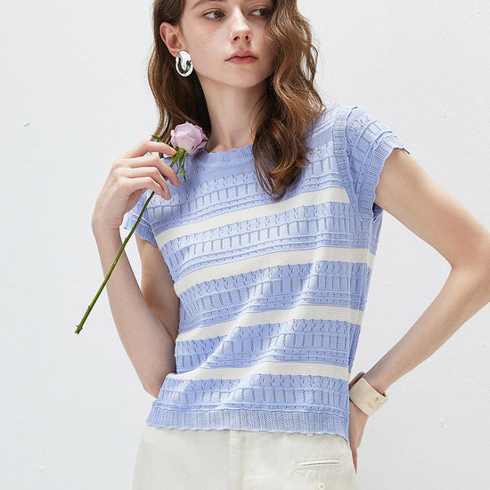 COMOBOCA Women's Cap Sleeve Striped Openwork Knit T-Shirt
