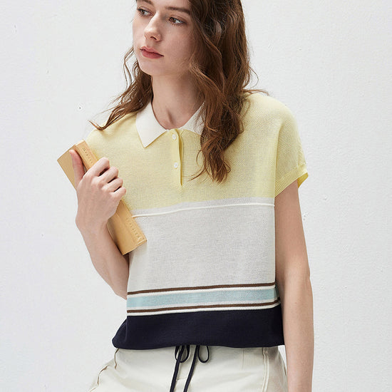 COMOBOCA Women's Color Block Striped Polo Knit T-Shirt