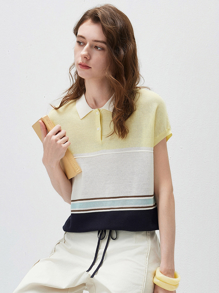 COMOBOCA Women's Color Block Striped Polo Knit T-Shirt