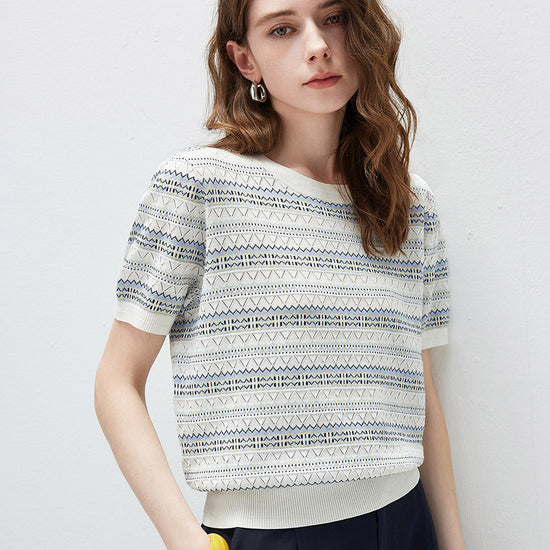 COMOBOCA Women's Fair Isle Semi Sheer Knit T-Shirt