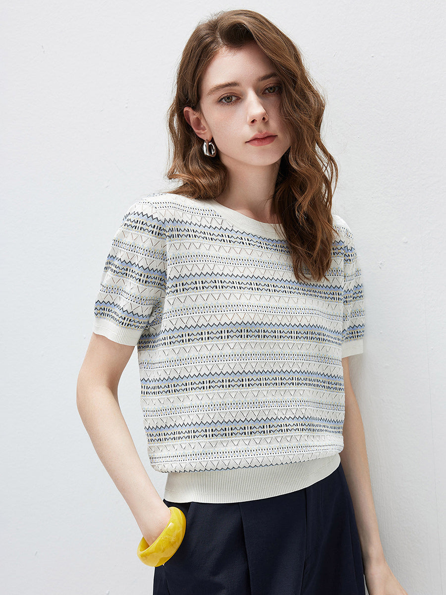 COMOBOCA Women's Fair Isle Semi Sheer Knit T-Shirt