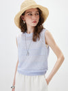 Women's Linen Blend Crew Neck Pointelle Knit Sleeveless Vest