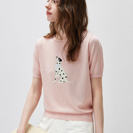 COMOBOCA Women's Dalmatian Intarsia Knit T-Shirt