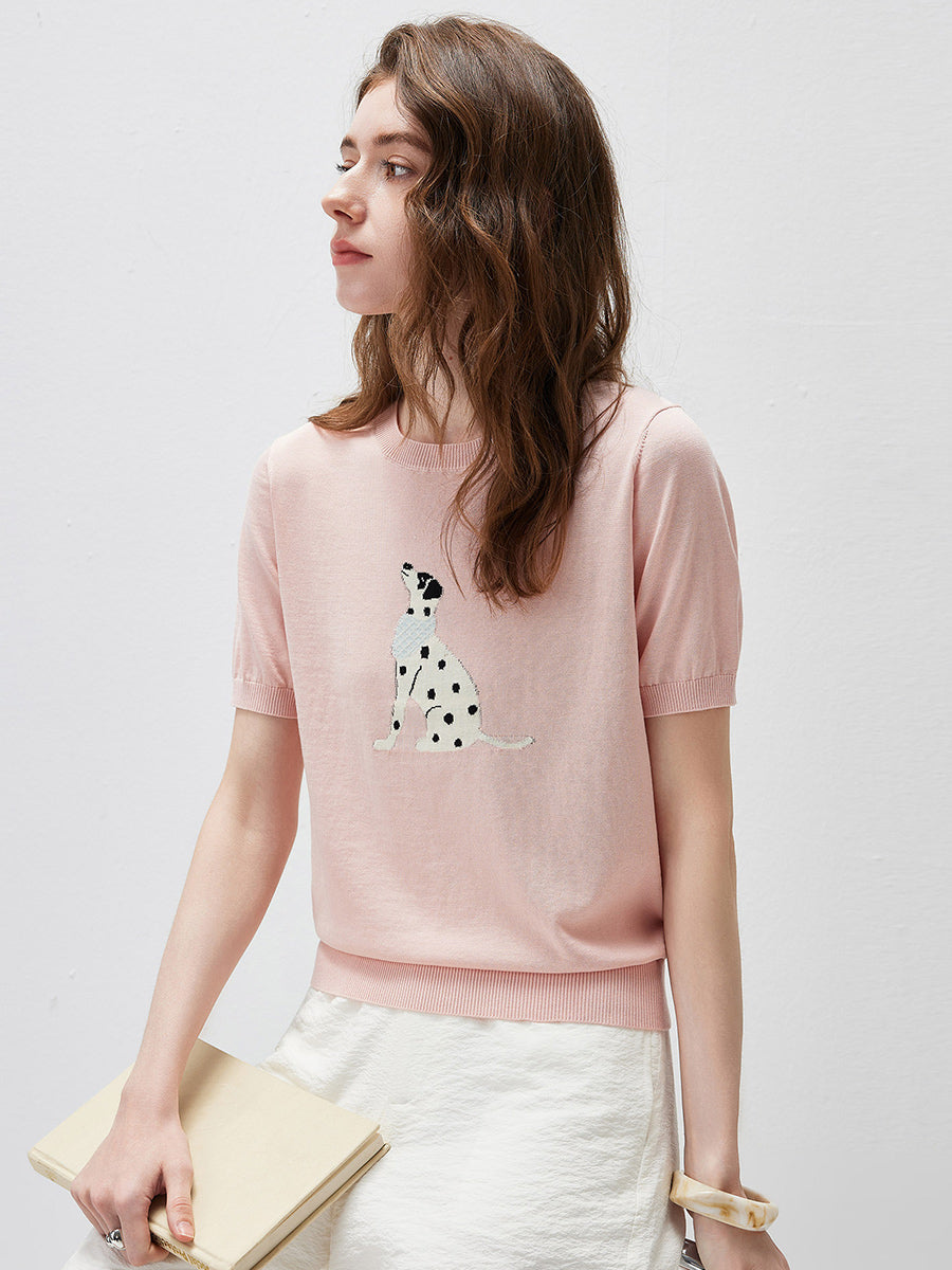 COMOBOCA Women's Dalmatian Intarsia Knit T-Shirt