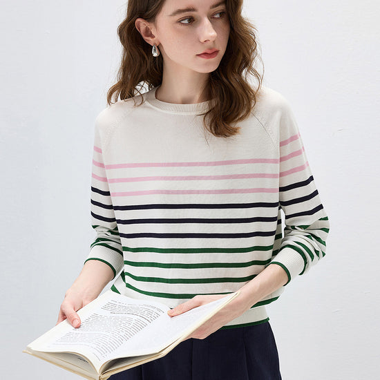 COMOBOCA Women's Stripe Round Neck Knit Sweater
