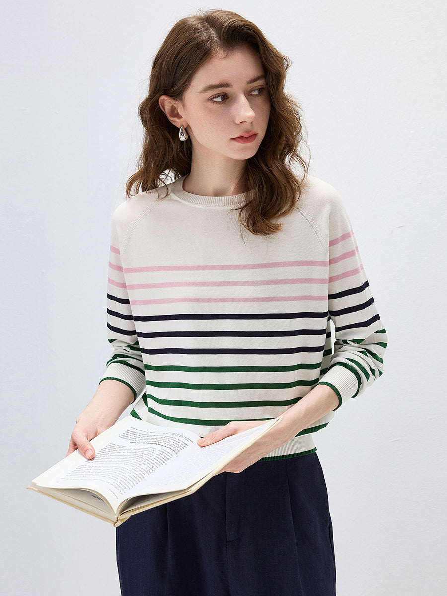 COMOBOCA Women's Stripe Round Neck Knit Sweater