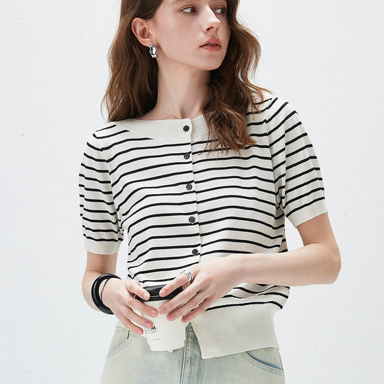 COMOBOCA Black Women's Striped Short Sleeve Knit Cardigan